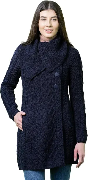 SAOL 100% Merino Wool Women Classic Cable Knit Cardigan Irish Coat with Pockets