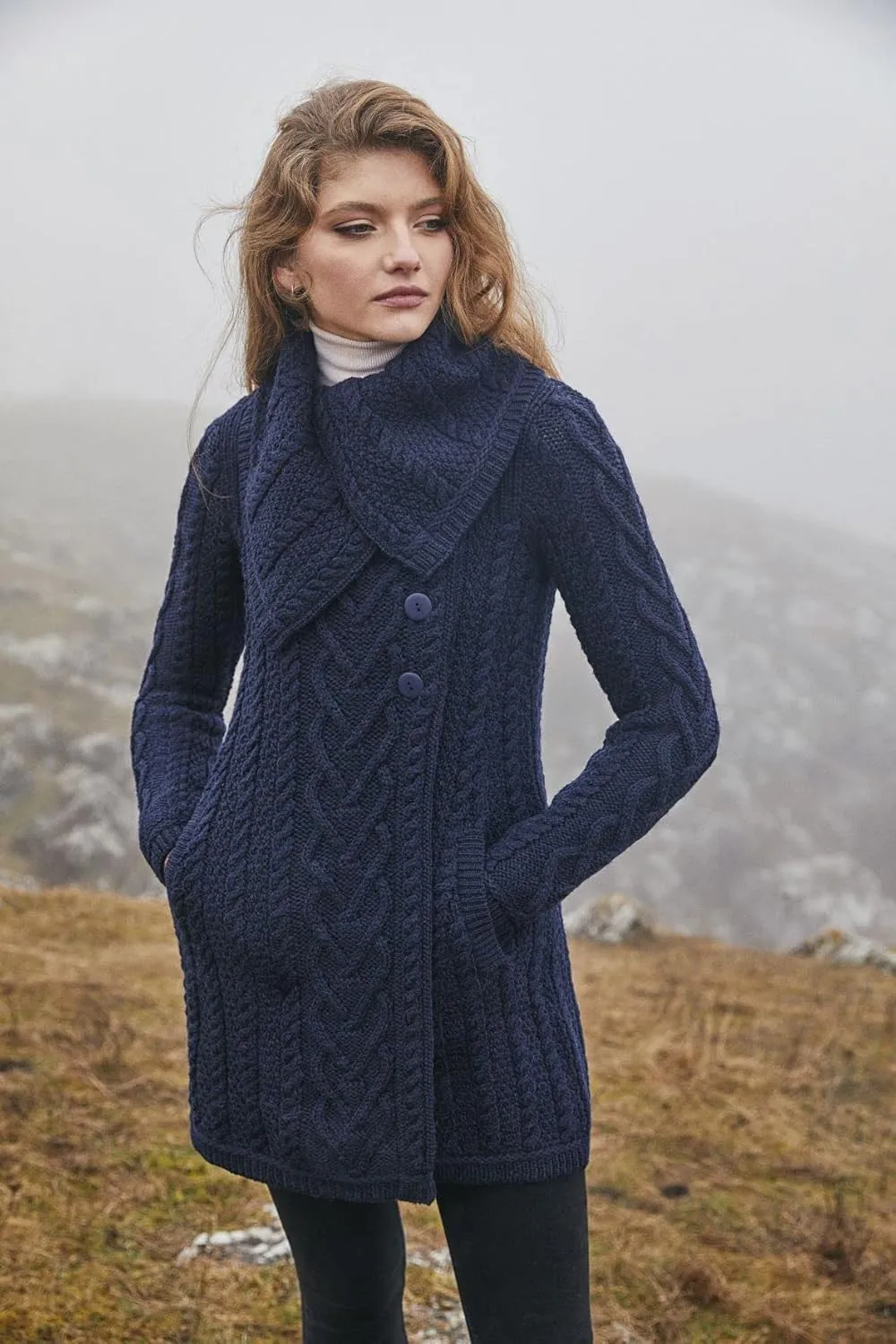 SAOL 100% Merino Wool Women Classic Cable Knit Cardigan Irish Coat with Pockets