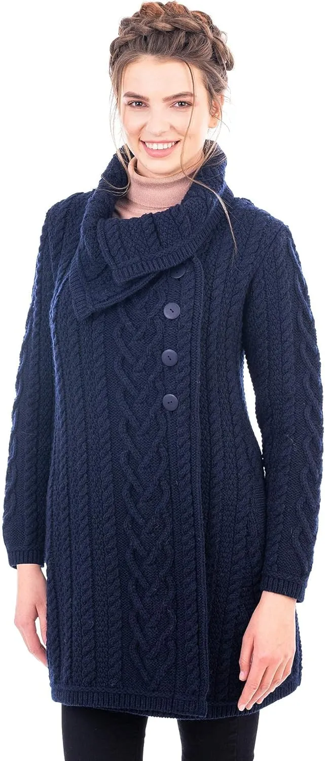 SAOL 100% Merino Wool Women Classic Cable Knit Cardigan Irish Coat with Pockets