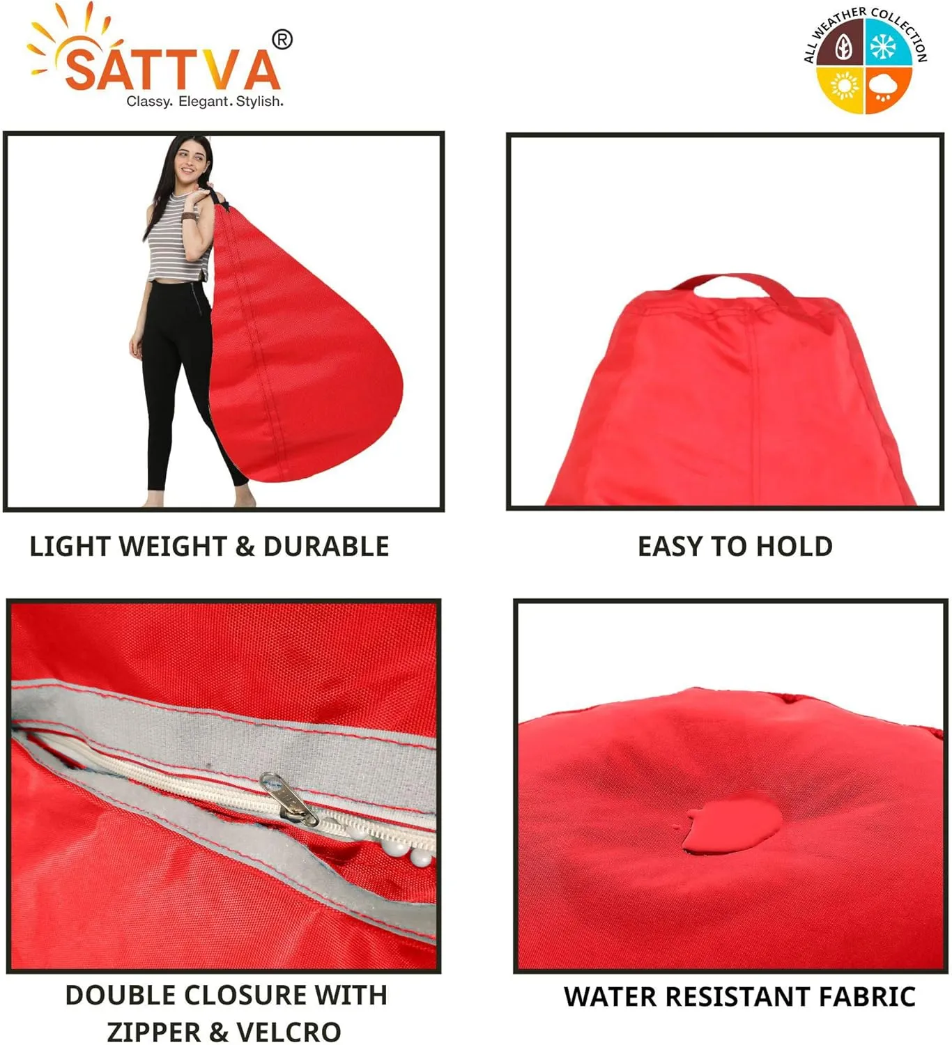 SATTVA 5ft All Weather Water Resistant Classic Bean Bag for Adults - Big Bean Bag Covers Only (No Filling), Love Sack Bean Bag Oversized, Washable Ultra Soft Zipper, for Dorm & Family Room (Red)