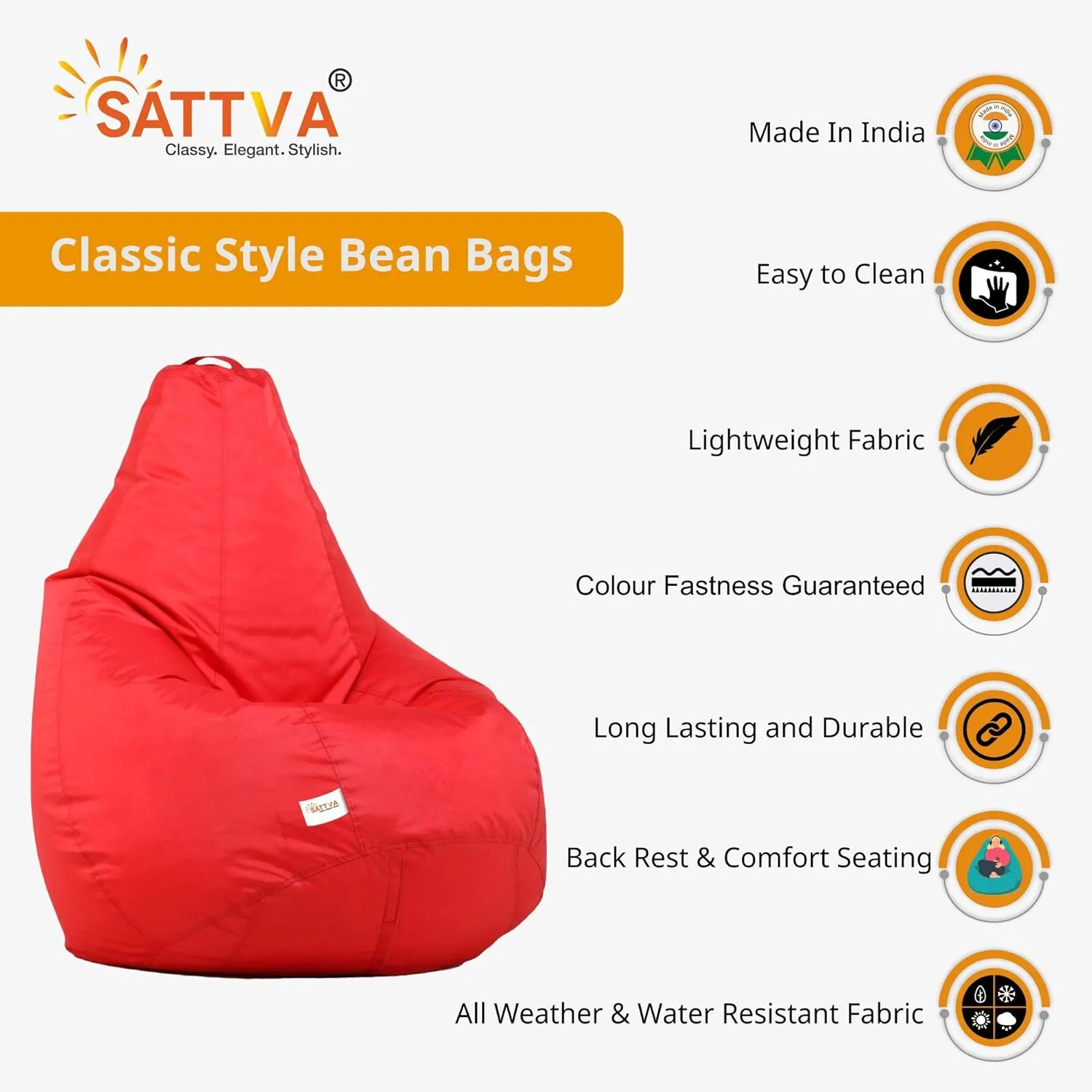 SATTVA 5ft All Weather Water Resistant Classic Bean Bag for Adults - Big Bean Bag Covers Only (No Filling), Love Sack Bean Bag Oversized, Washable Ultra Soft Zipper, for Dorm & Family Room (Red)