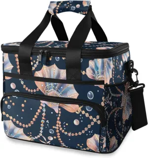 Seashell Pearl Black Cooler Bag Insulated Cooler Soft Sided Cooler 24 Can Portable Picnic Bag Large Leakproof Lunch Bag Box for Beach Grocery Camping Travel Car Men Women