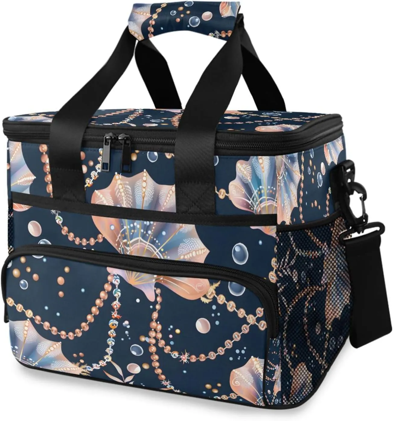 Seashell Pearl Black Cooler Bag Insulated Cooler Soft Sided Cooler 24 Can Portable Picnic Bag Large Leakproof Lunch Bag Box for Beach Grocery Camping Travel Car Men Women