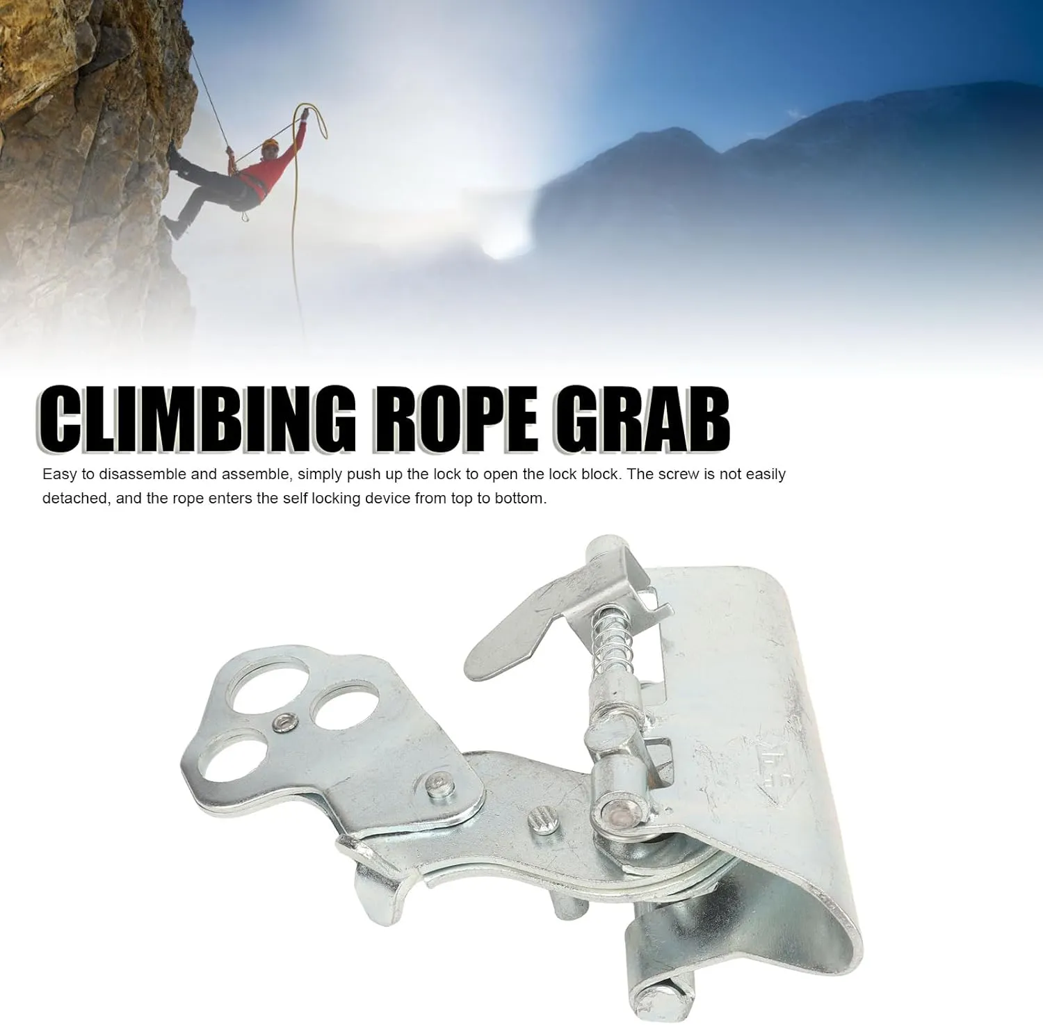Self Locking Rope Grab, Galvanized Steel Fall Protection Rope Grip Clamp Climbing Ascender Fall Protection Belay Device for Outdoor Climbing Rescue (18-28mm)