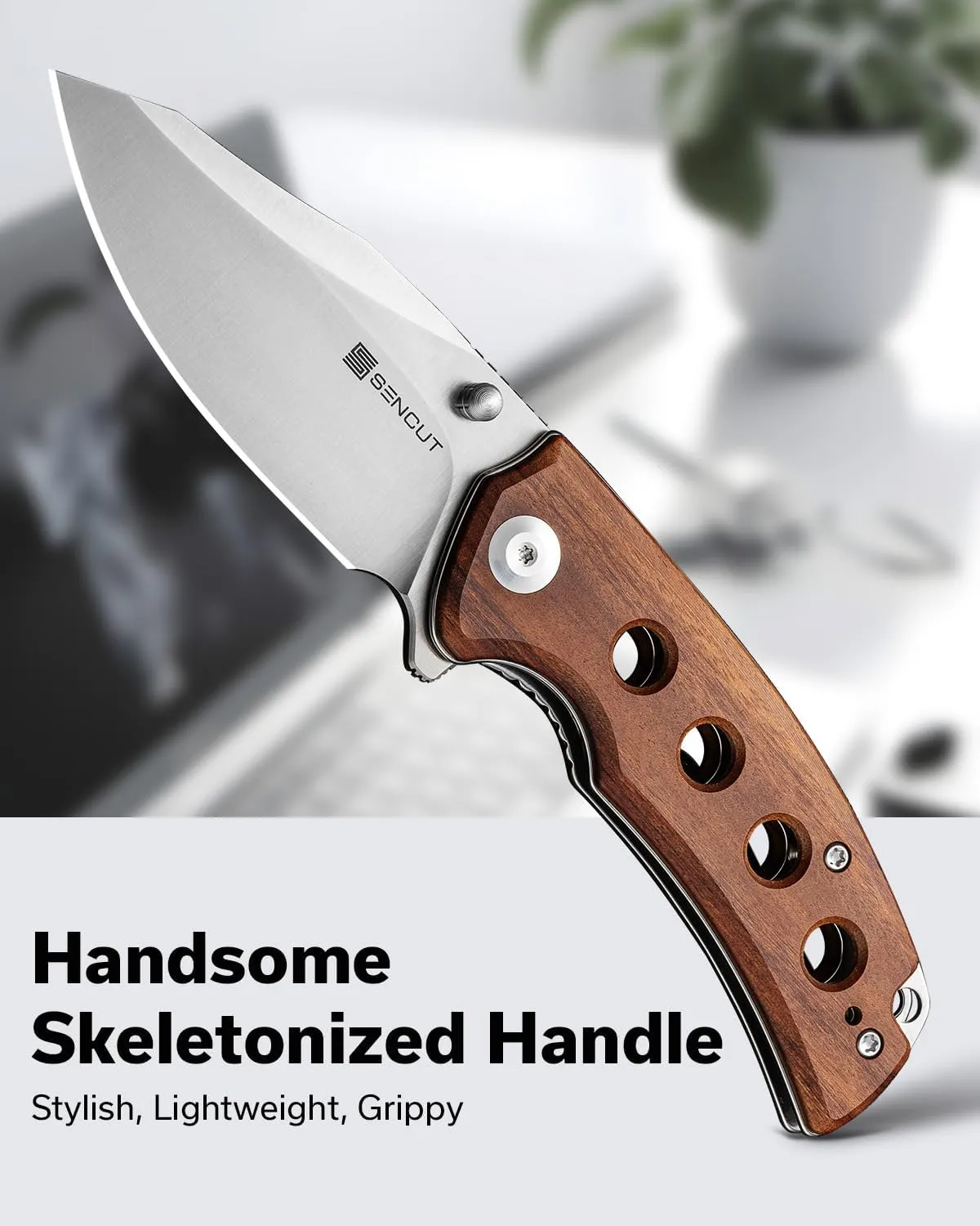 SENCUT Excalis Folding Pocket Knife, EDC Knife with 2.97" Blade & G10 Handle Camping Knife with Reversible Clip for Outdoor Men Women Gifts (Wood)