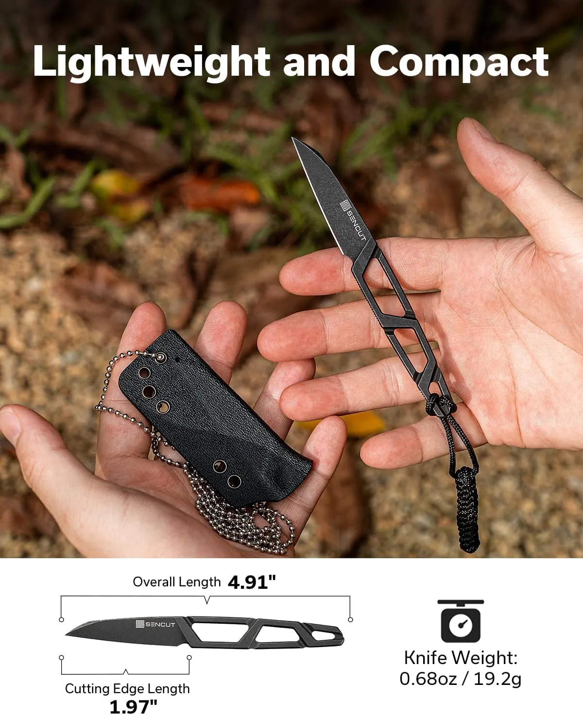 SENCUT TEXO Small Fixed Blade Knife, Neck Knife, 1.97" 9Cr18MoV Blade with Kydex Sheath & Chain, EDC Knife with Lanyard for Outdoor Camping, Designed by Ostap Hel