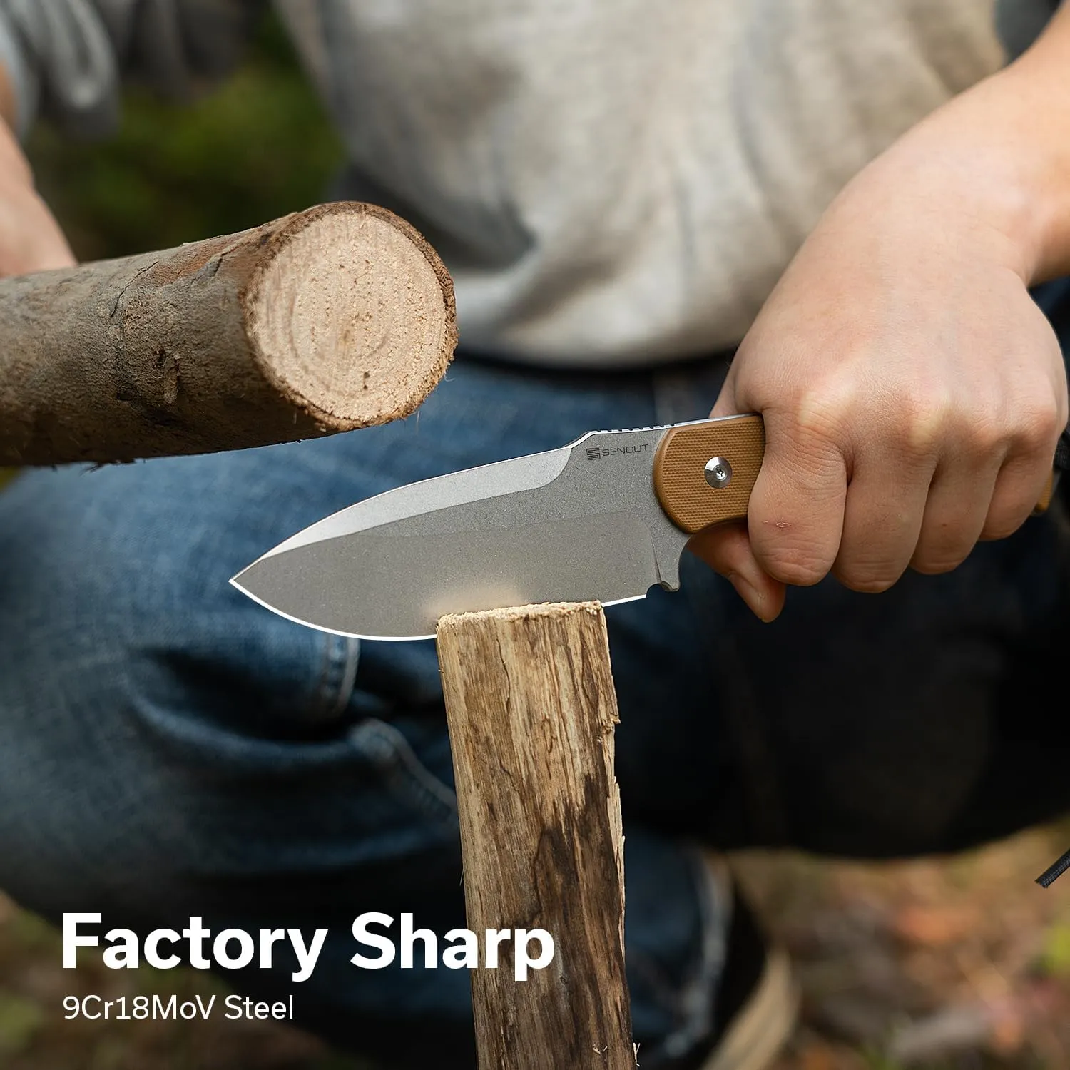 SENCUT Toxodon Fixed Blade Knife with Kydex Sheath, Full-tang Camping Knife, 4.57'' 9Cr18MoV Blade & G10 Handle, Knives for Outdoor Hiking (Brown)