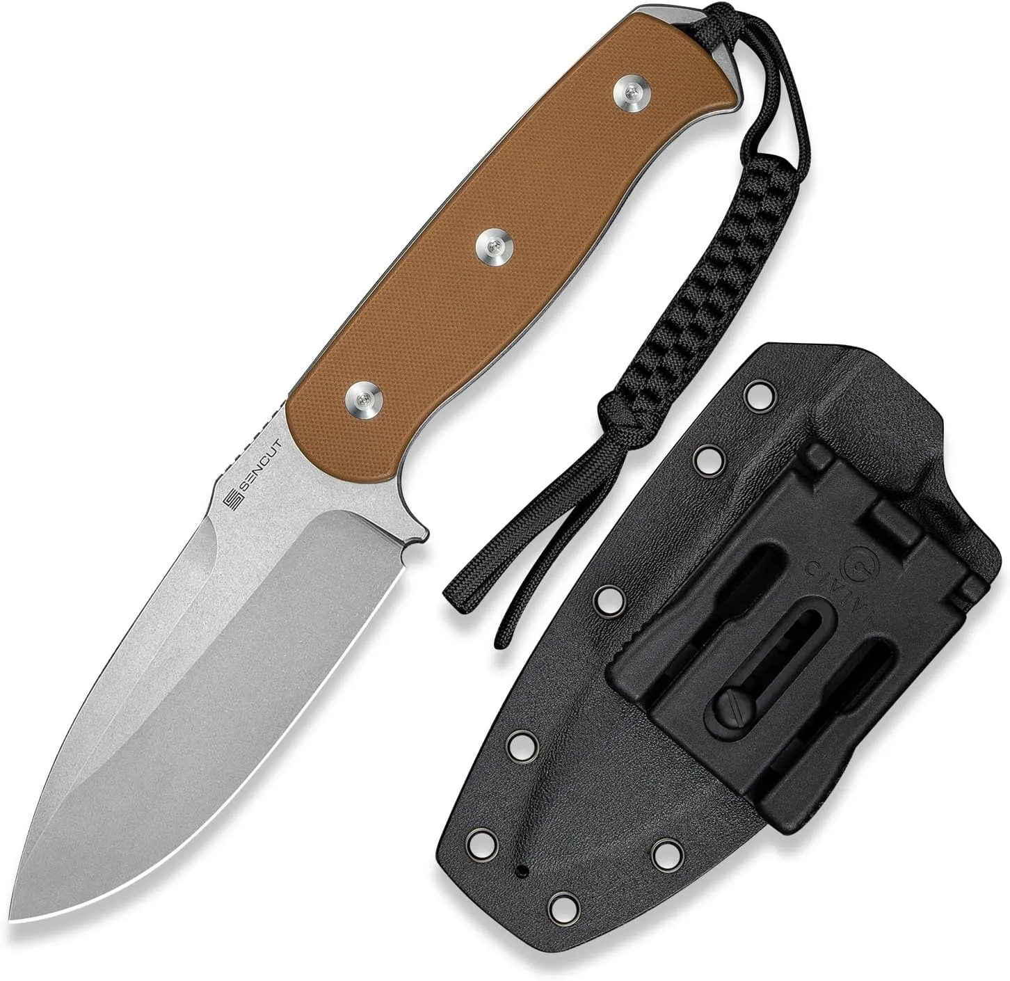 SENCUT Toxodon Fixed Blade Knife with Kydex Sheath, Full-tang Camping Knife, 4.57'' 9Cr18MoV Blade & G10 Handle, Knives for Outdoor Hiking (Brown)