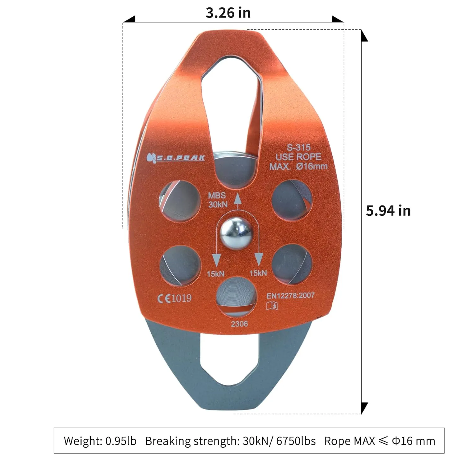 SEPEAK CE 30kN Large Rescue Climbing Pulley Double Sheave with Swing Plate, Portable Outdoor Safety Pulley for Backyard Zipline,Climbing&Rock Lifting,Fits Rope up to 16 mm/Holds Up to 6750lbs,Orange