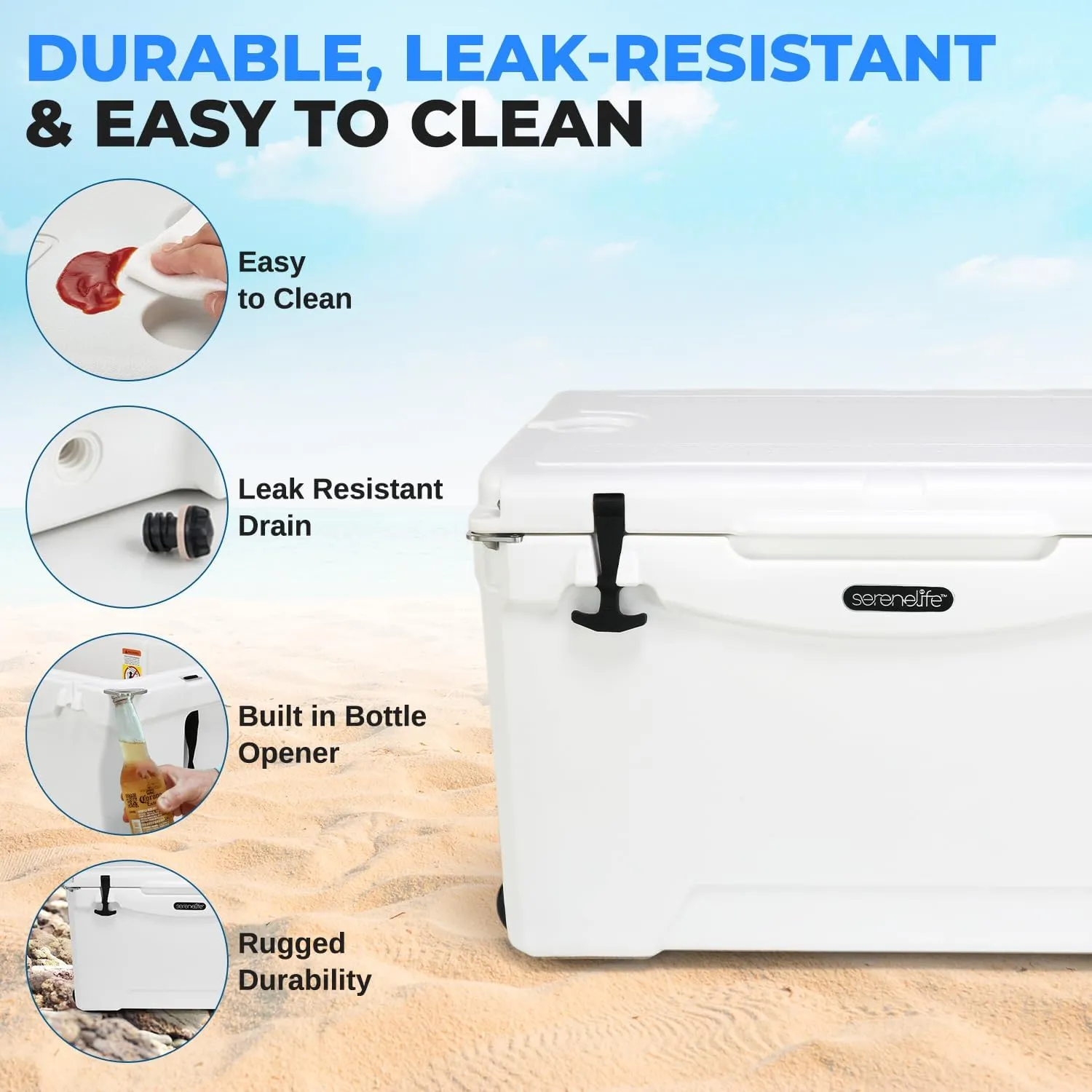SereneLife Ultra-Tough 50 Quart Rotomolded Cooler Box, Holds Upto 64 Cans, Keeps Ice Up to 5 Days, Heavy-Duty Insulated Portable Ice Chest Box, Ideal for Camping, Beach, and Outdoor Adventures