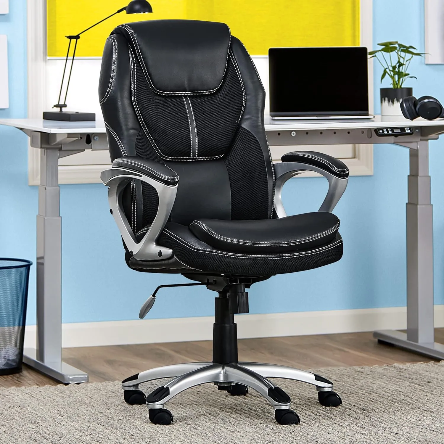 Serta Amplify Executive Office Padded Arms, Adjustable Ergonomic Gaming Desk Chair with Lumbar Support, Faux Leather and Mesh, Black