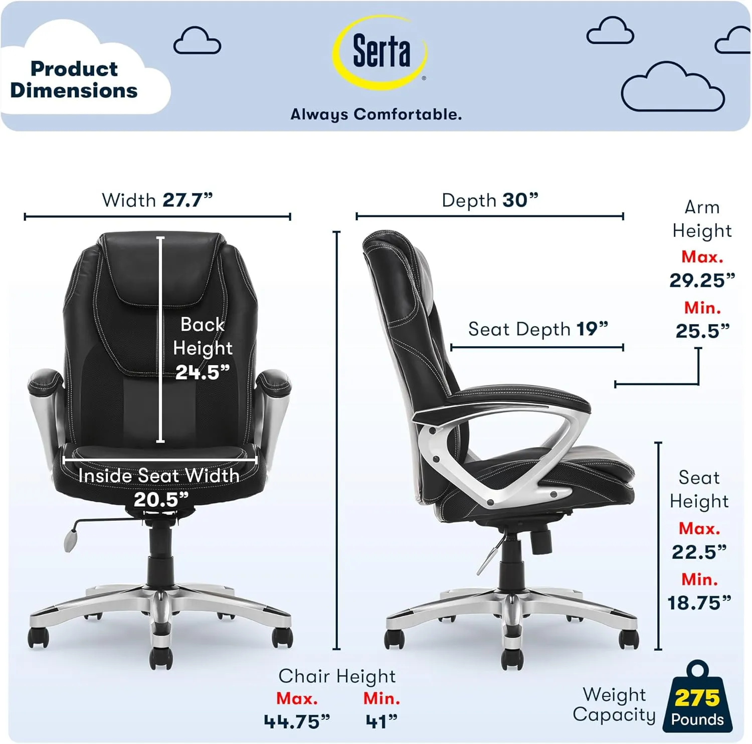 Serta Amplify Executive Office Padded Arms, Adjustable Ergonomic Gaming Desk Chair with Lumbar Support, Faux Leather and Mesh, Black