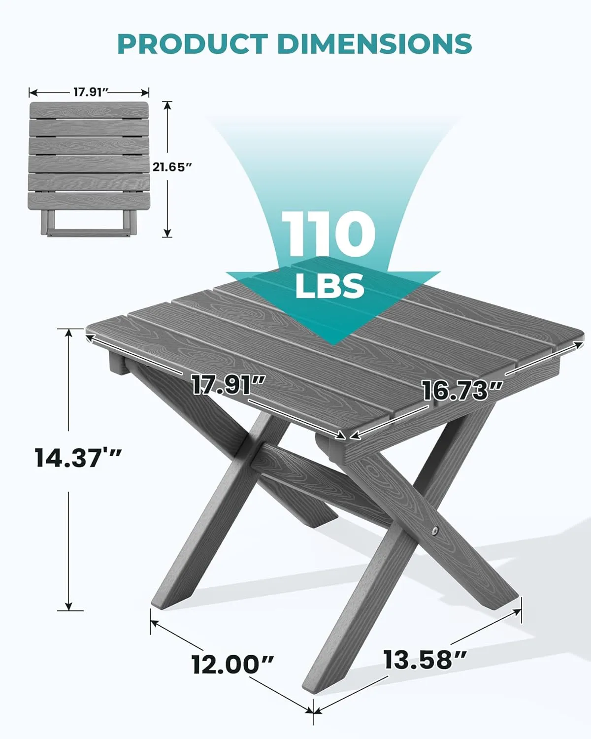 SERWALL Folding Outdoor Side Table Set of 2, Portable Adirondack Side Table, Gray