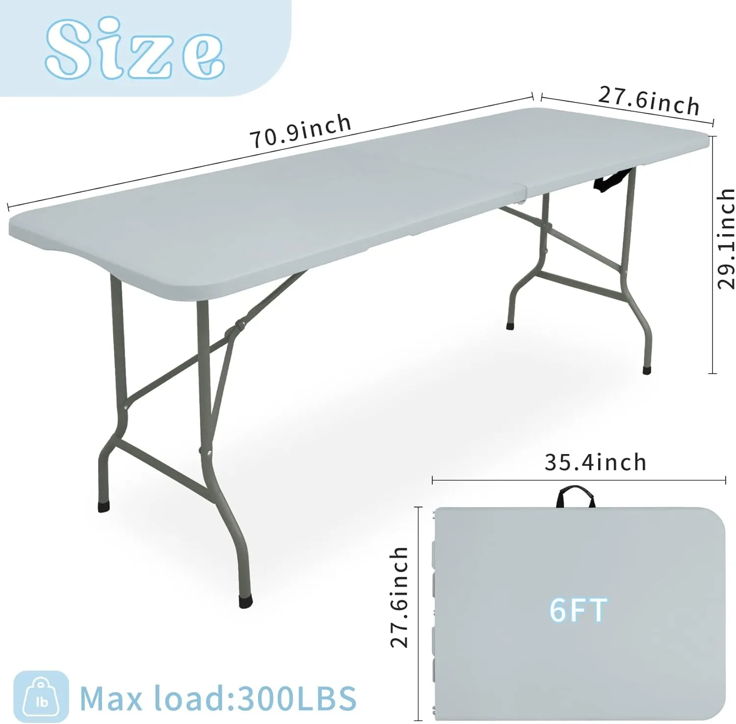 Set of 2 Folding Table 6 FT Camping Table Portable Heavy Duty Plastic Rectangular Outdoor Dining Table Steel Legs Fold-in-Half with Carrying Handle for Indoor,Picnic,Party,Wedding,Events(Grey)