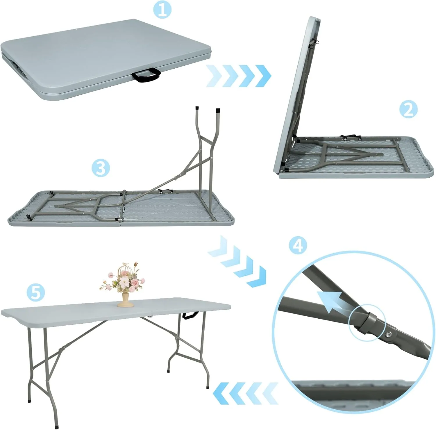 Set of 2 Folding Table 6 FT Camping Table Portable Heavy Duty Plastic Rectangular Outdoor Dining Table Steel Legs Fold-in-Half with Carrying Handle for Indoor,Picnic,Party,Wedding,Events(Grey)