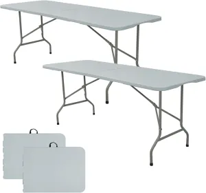 Set of 2 Folding Table 6 FT Camping Table Portable Heavy Duty Plastic Rectangular Outdoor Dining Table Steel Legs Fold-in-Half with Carrying Handle for Indoor,Picnic,Party,Wedding,Events(Grey)