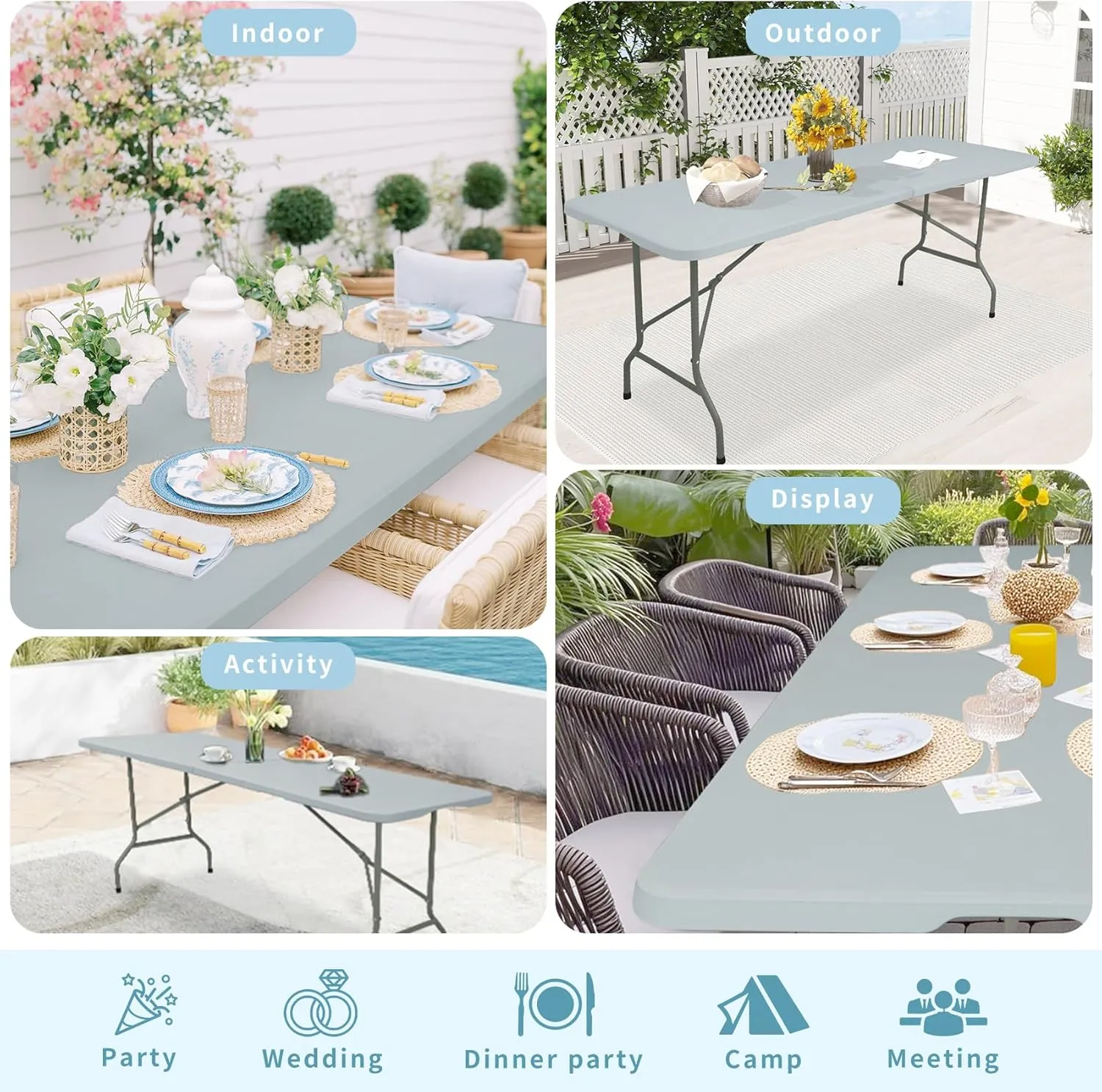 Set of 2 Folding Table 6 FT Camping Table Portable Heavy Duty Plastic Rectangular Outdoor Dining Table Steel Legs Fold-in-Half with Carrying Handle for Indoor,Picnic,Party,Wedding,Events(Grey)