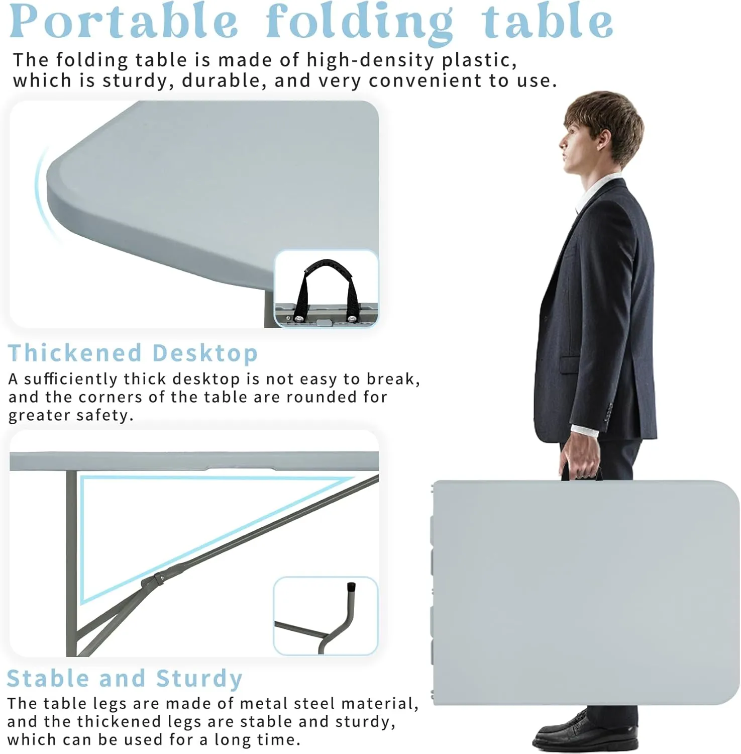 Set of 2 Folding Table 6 FT Camping Table Portable Heavy Duty Plastic Rectangular Outdoor Dining Table Steel Legs Fold-in-Half with Carrying Handle for Indoor,Picnic,Party,Wedding,Events(Grey)
