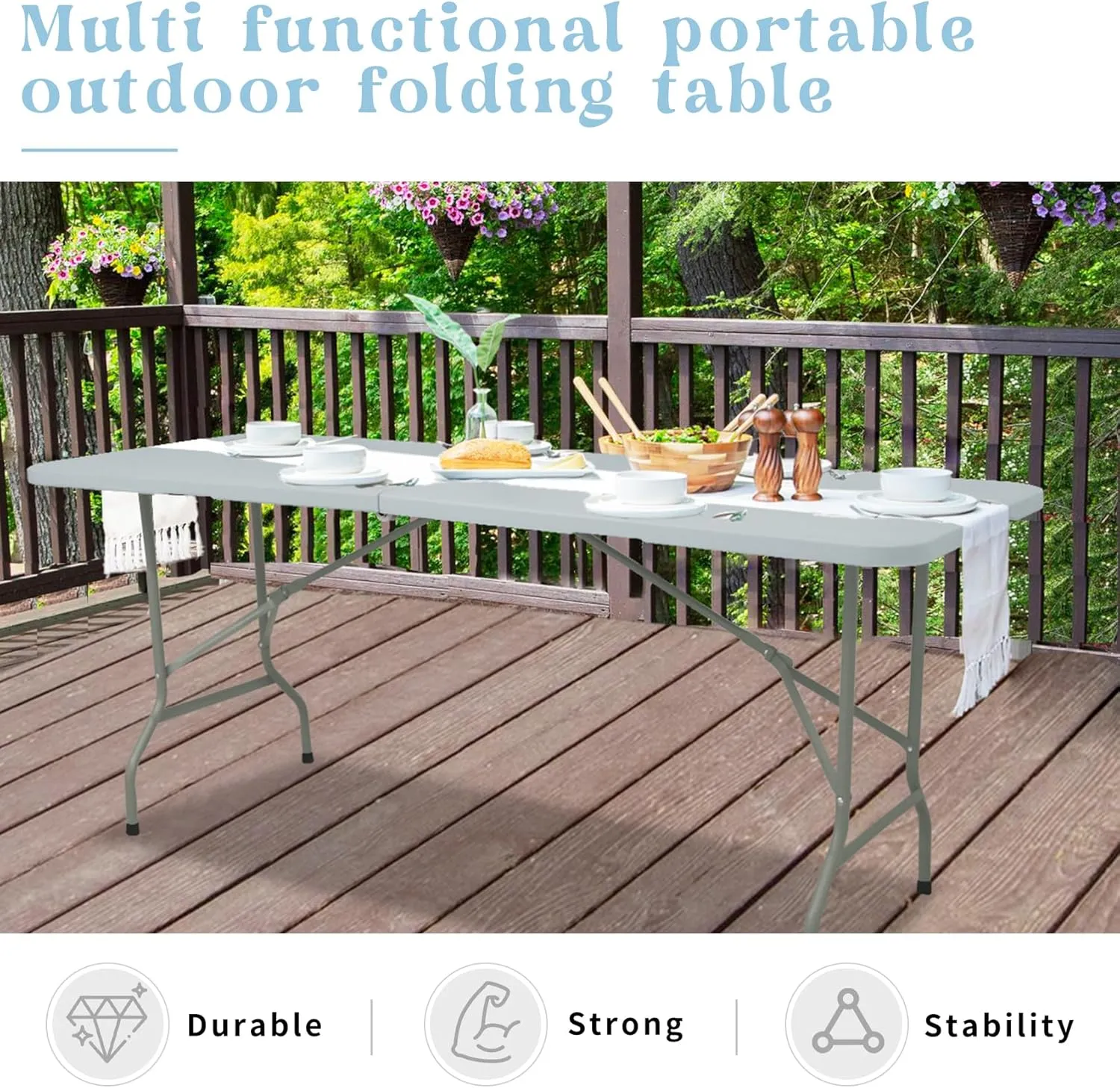 Set of 2 Folding Table 6 FT Camping Table Portable Heavy Duty Plastic Rectangular Outdoor Dining Table Steel Legs Fold-in-Half with Carrying Handle for Indoor,Picnic,Party,Wedding,Events(Grey)