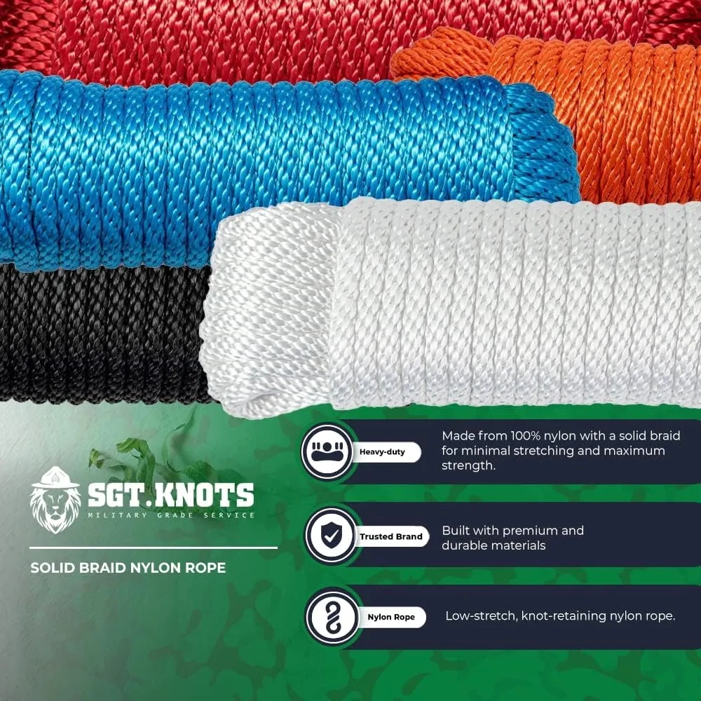 SGT KNOTS Solid Braid Nylon Utility Rope - Multipurpose Smooth Nylon Braided Utility Cord Line - for Anchors, Crafts, Towing 3/8" x 50ft (Orange)