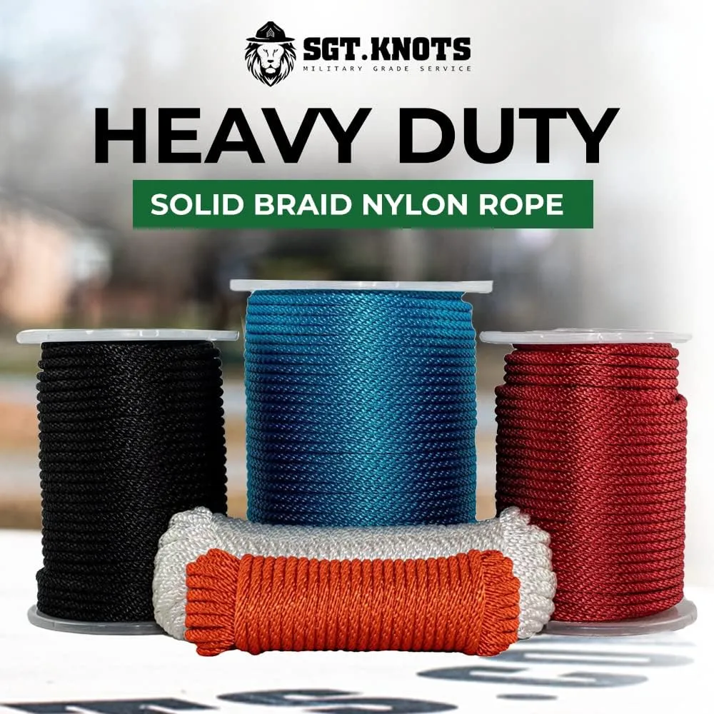 SGT KNOTS Solid Braid Nylon Utility Rope - Multipurpose Smooth Nylon Braided Utility Cord Line - for Anchors, Crafts, Towing 3/8" x 50ft (Orange)