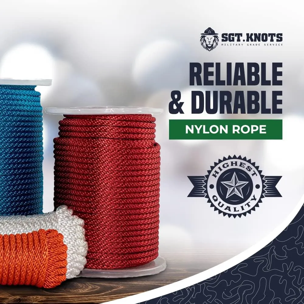 SGT KNOTS Solid Braid Nylon Utility Rope - Multipurpose Smooth Nylon Braided Utility Cord Line - for Anchors, Crafts, Towing 3/8" x 50ft (Orange)