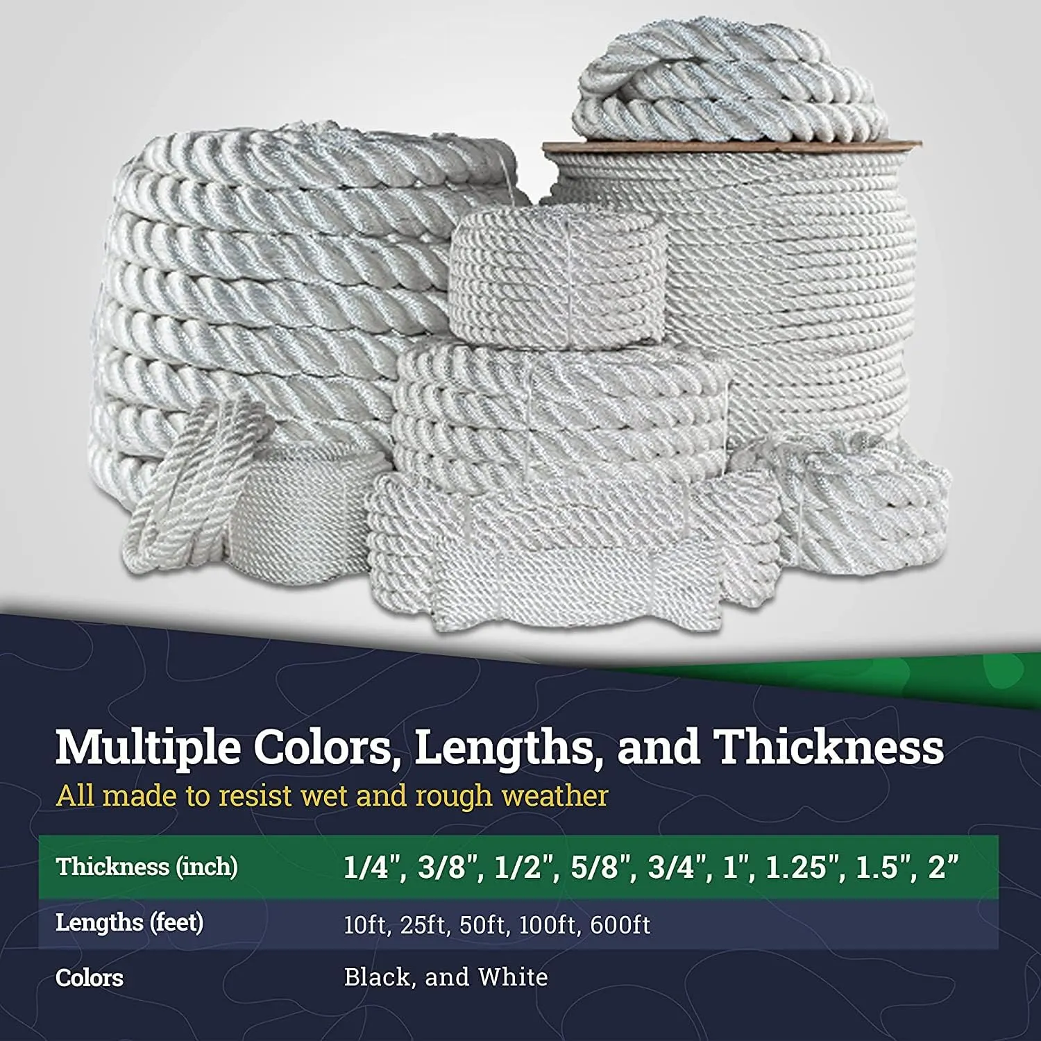 SGT KNOTS Twisted Nylon Rope – Heavy Duty All Purpose Utility Cord for Indoor & Outdoor Use, Medium Stretch – Ideal for Towing, Dock Lines, Crafts, Camping, Survival Gear(1/2" x 100ft, White)