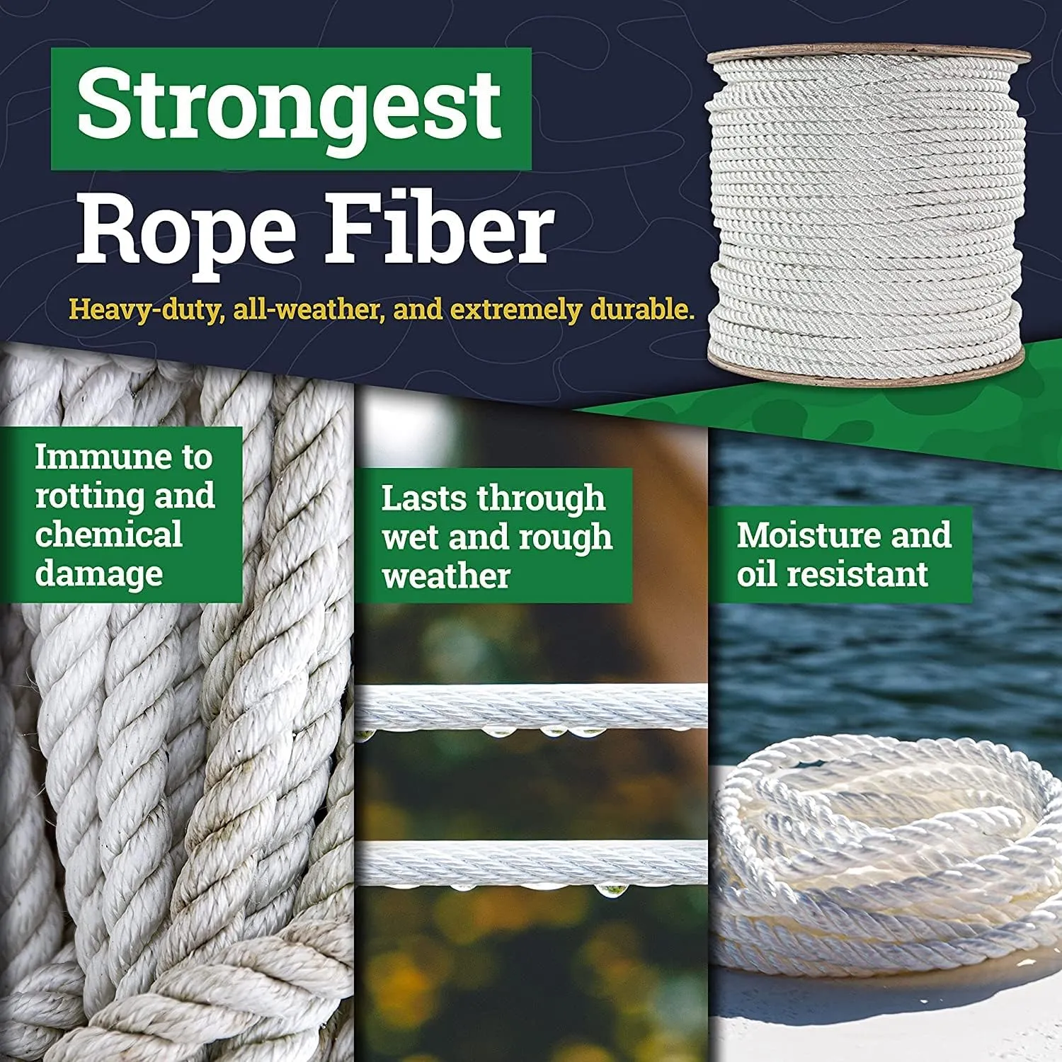 SGT KNOTS Twisted Nylon Rope – Heavy Duty All Purpose Utility Cord for Indoor & Outdoor Use, Medium Stretch – Ideal for Towing, Dock Lines, Crafts, Camping, Survival Gear(1/2" x 100ft, White)