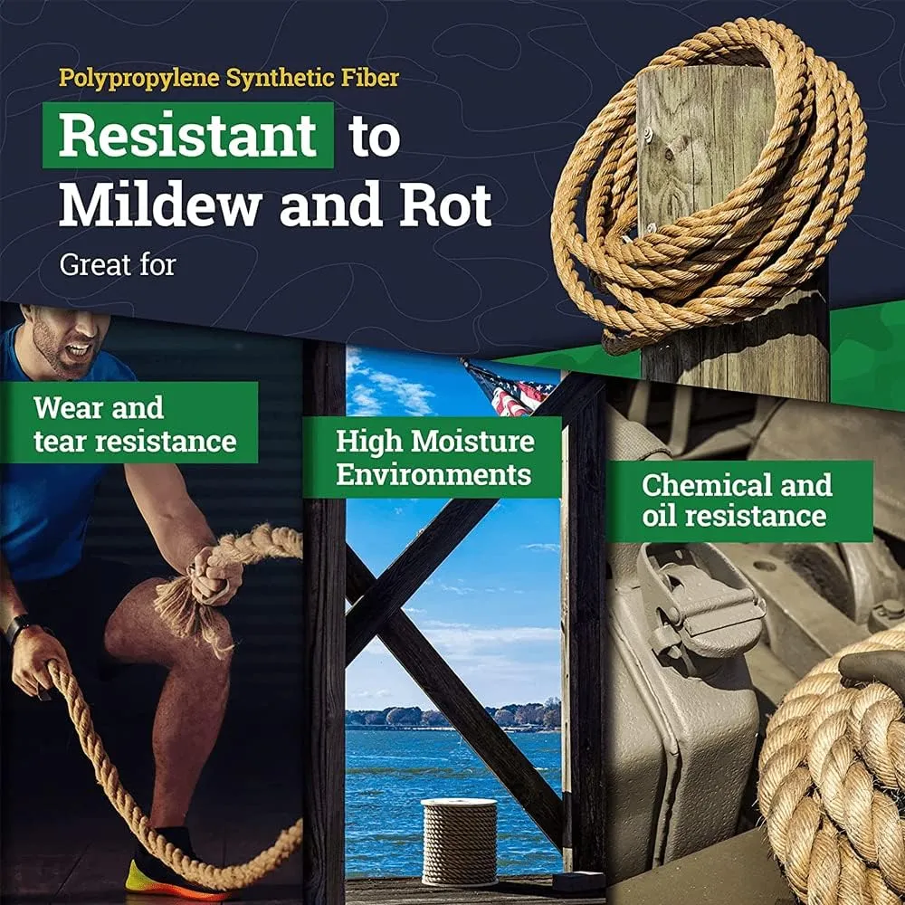 SGT KNOTS Twisted ProManila Rope - UnManila, Twisted 3 Strand Outdoor Rope, Lightweight Synthetic Rope for DIY Projects, Marine, Commercial (1.5" x 10ft)