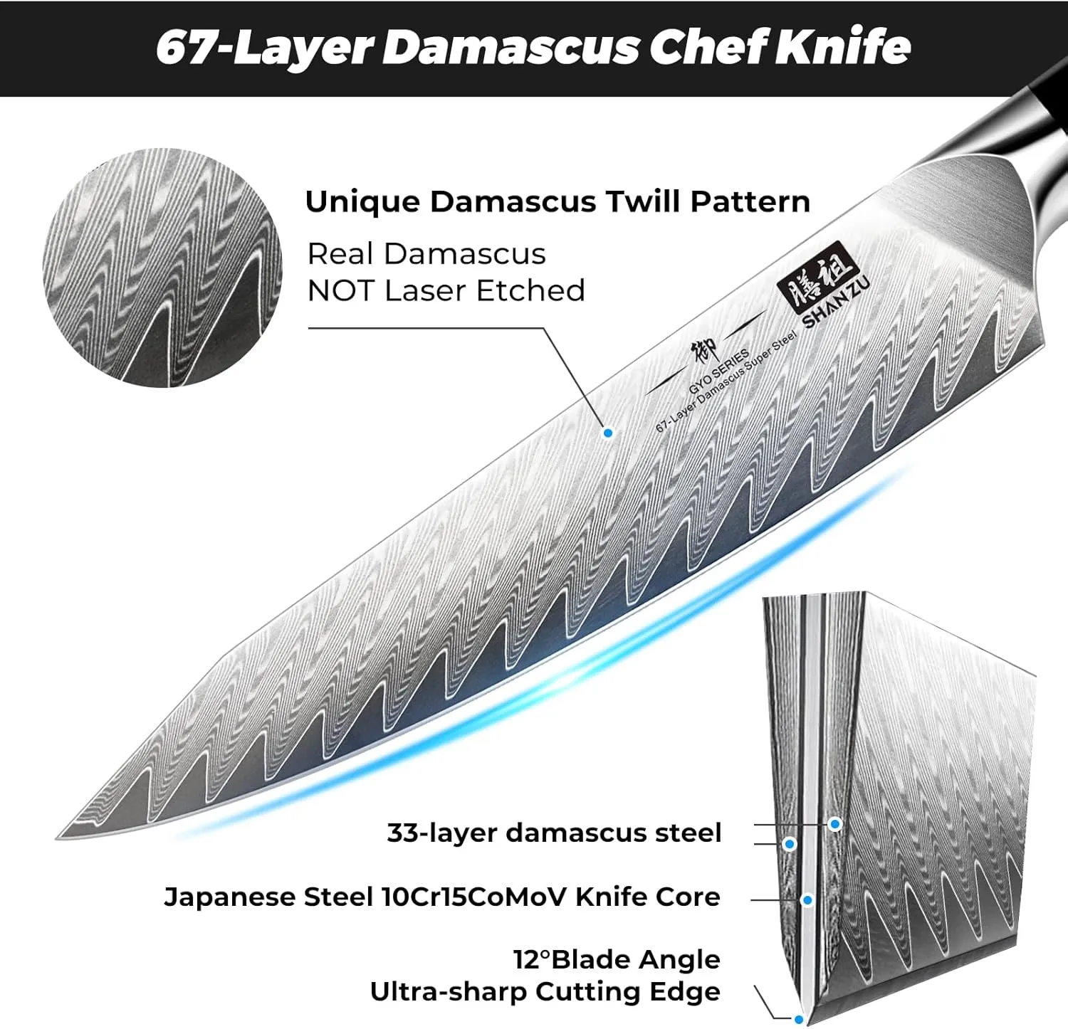 SHAN ZU Damascus Chef Knife 6 inch,67-Layer Japanese Steel 10Cr15CoMoV Kitchen Knife, High Carbon Super Sharp Japanese Chef Knife, All Purpose Professional Kitchen Utility Petty Knives with G10 Handle