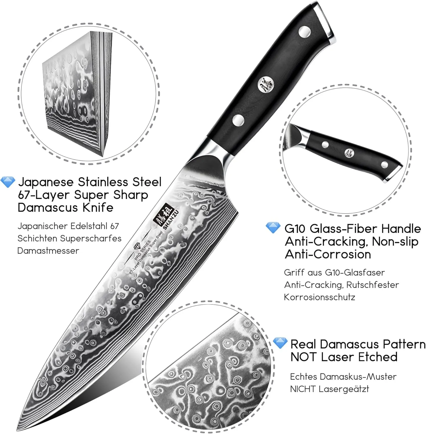 SHAN ZU Damascus Knife Set, Japanese Super Steel 3 PCS Damascus High Carbon Professional Ultra-Sharp Kitchen Chef Knife Set with G10 Handle Gift Box