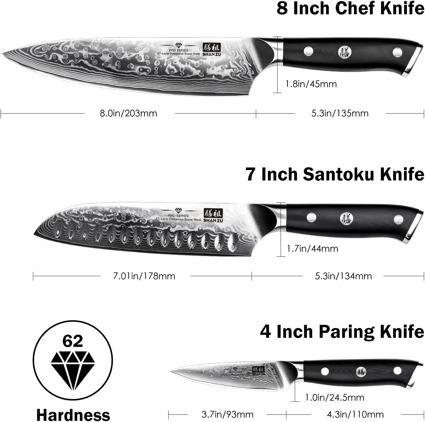 SHAN ZU Damascus Knife Set, Japanese Super Steel 3 PCS Damascus High Carbon Professional Ultra-Sharp Kitchen Chef Knife Set with G10 Handle Gift Box