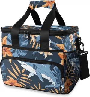 Shark Tropical Plant Flower Cooler Bag Insulated Cooler Soft Sided Cooler 24 Can Portable Picnic Bag Large Leakproof Lunch Bag Box for Beach Grocery Camping Travel Car Men Women