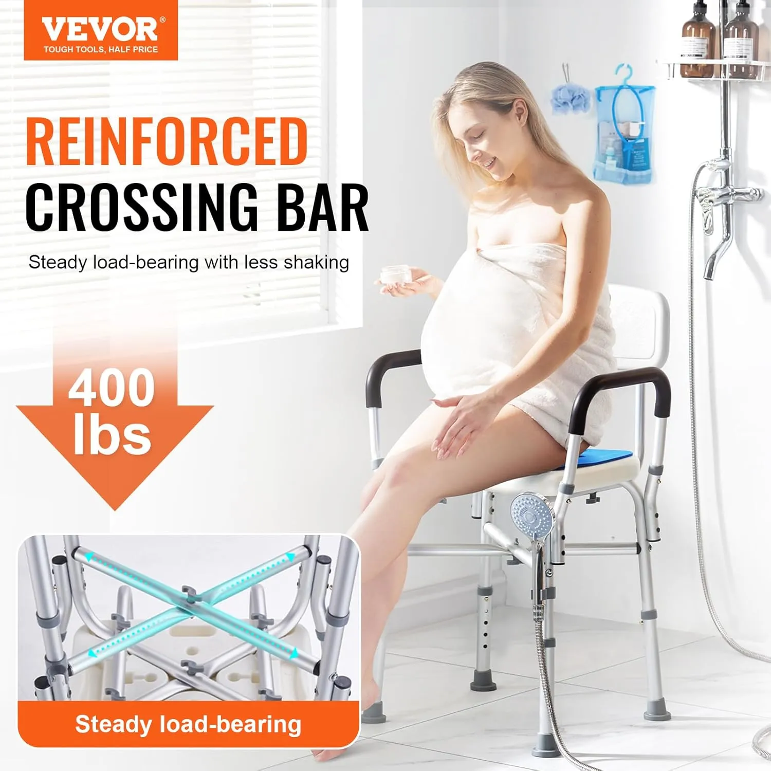 Shower Chair Seat, 400 lbs Capacity, Shower Stool with Crossing Bar, Padded Armrests and Back, Shower Chair for Inside Shower Bathtub, Adjustable Height Bench Bath Chair for Elderly Disabled