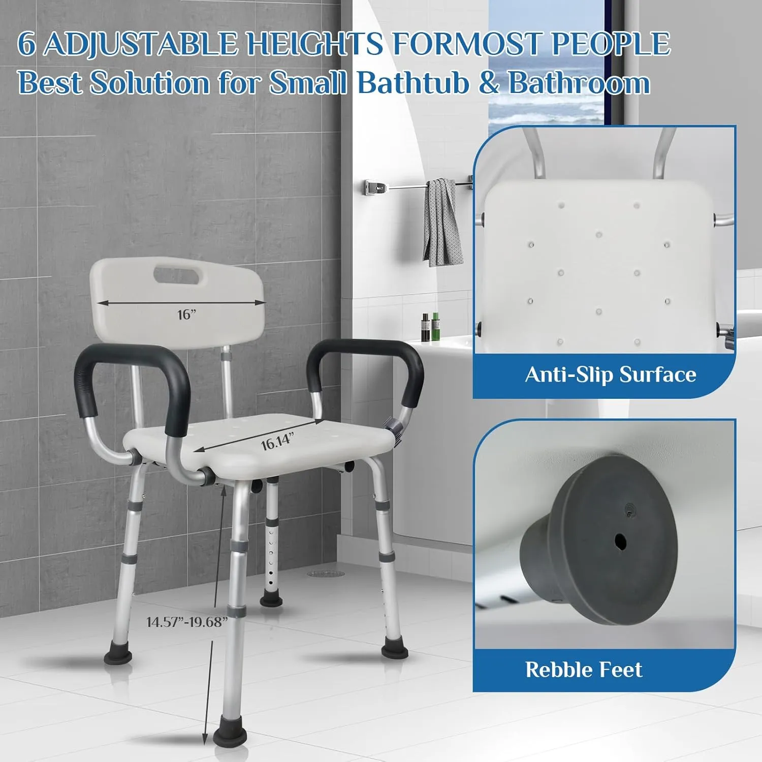 Shower Chair Seat with Arms and Back, Padded Handicap Shower Chair for Inside Shower, Adjustable Heavy Duty Shower Bench for Adults, Elderly and Disabled, Tool (Upgrade Shower Chair)