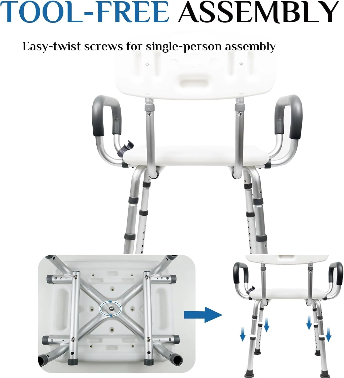 Shower Chair Seat with Arms and Back, Padded Handicap Shower Chair for Inside Shower, Adjustable Heavy Duty Shower Bench for Adults, Elderly and Disabled, Tool (Upgrade Shower Chair)