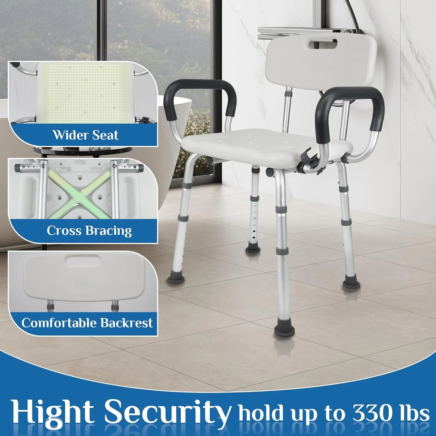 Shower Chair Seat with Arms and Back, Padded Handicap Shower Chair for Inside Shower, Adjustable Heavy Duty Shower Bench for Adults, Elderly and Disabled, Tool (Upgrade Shower Chair)
