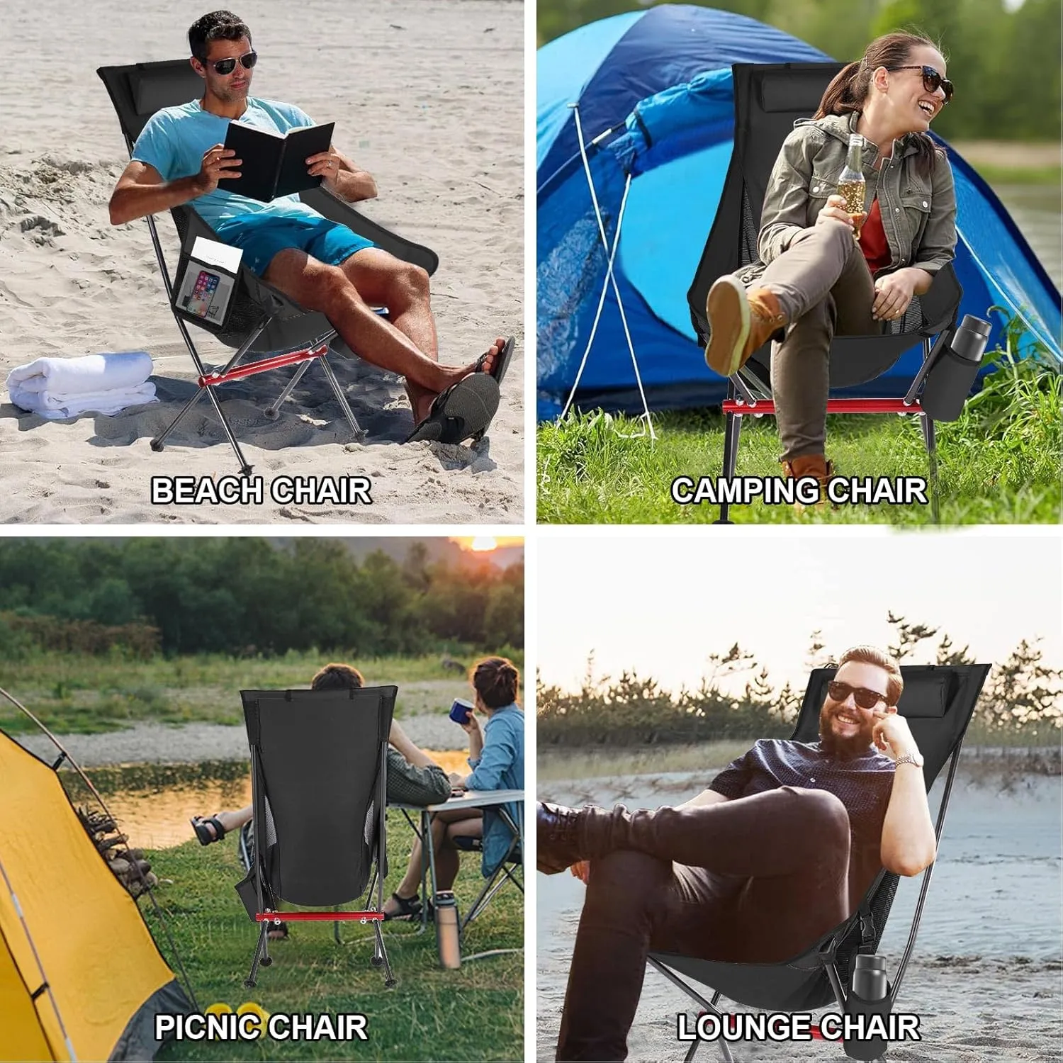 ShowyLive Camping Chair Portable Folding Lightweight Outdoor Compact Backpack Chair with Cup Holder Heavy Duty for Hiking, Black