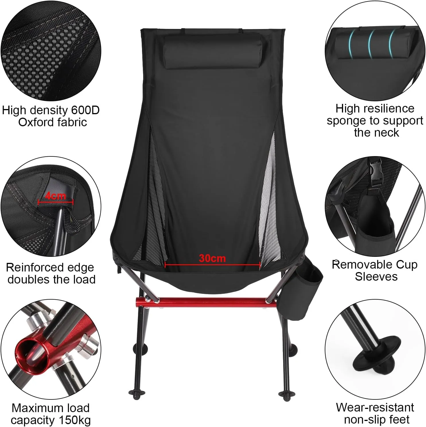 ShowyLive Camping Chair Portable Folding Lightweight Outdoor Compact Backpack Chair with Cup Holder Heavy Duty for Hiking, Black