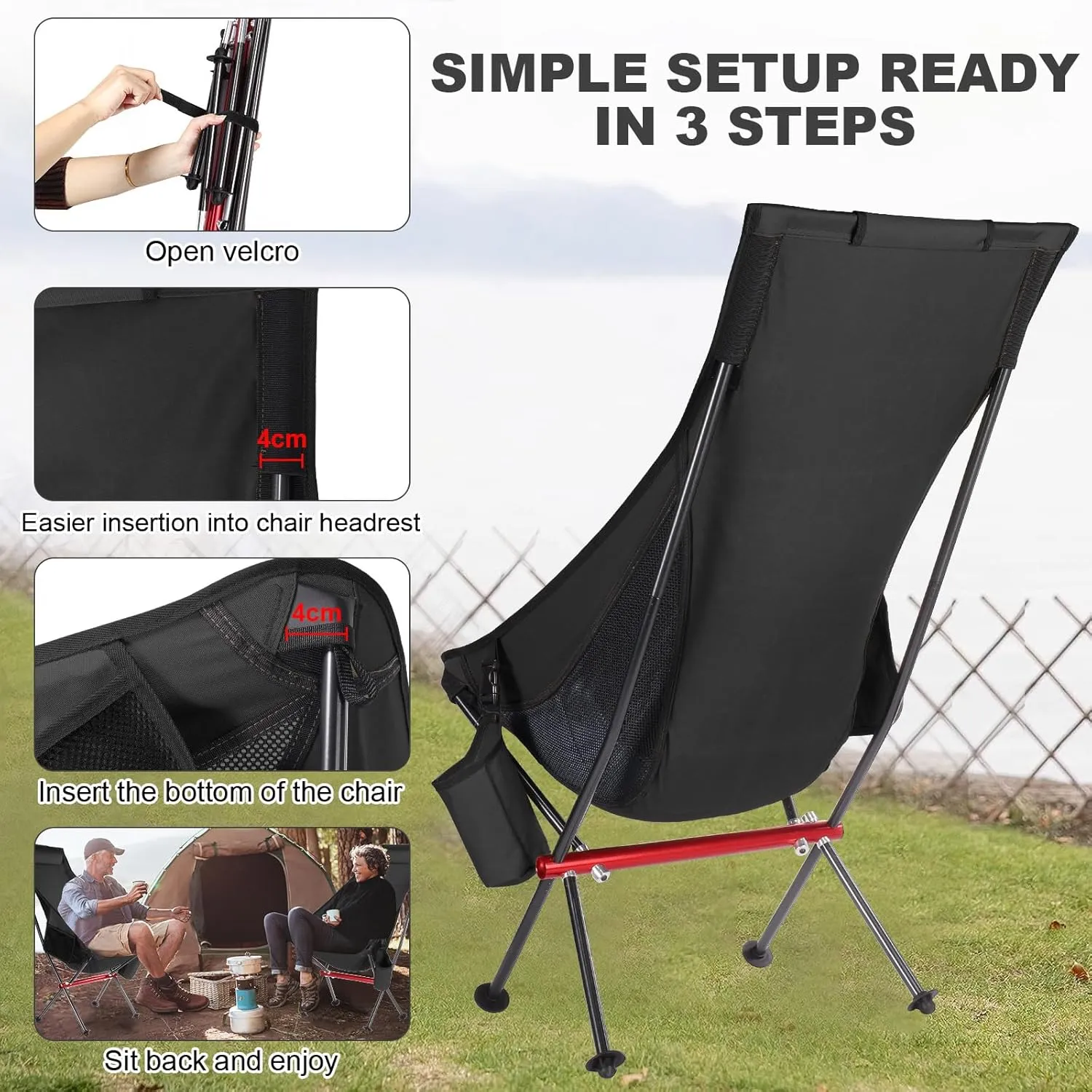 ShowyLive Camping Chair Portable Folding Lightweight Outdoor Compact Backpack Chair with Cup Holder Heavy Duty for Hiking, Black
