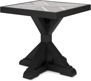 Signature Design by Ashley Beachcroft Farmhouse Weather and Rust Resistant Outdoor End Table with Porcelain Tabletop, Black & Light Gray