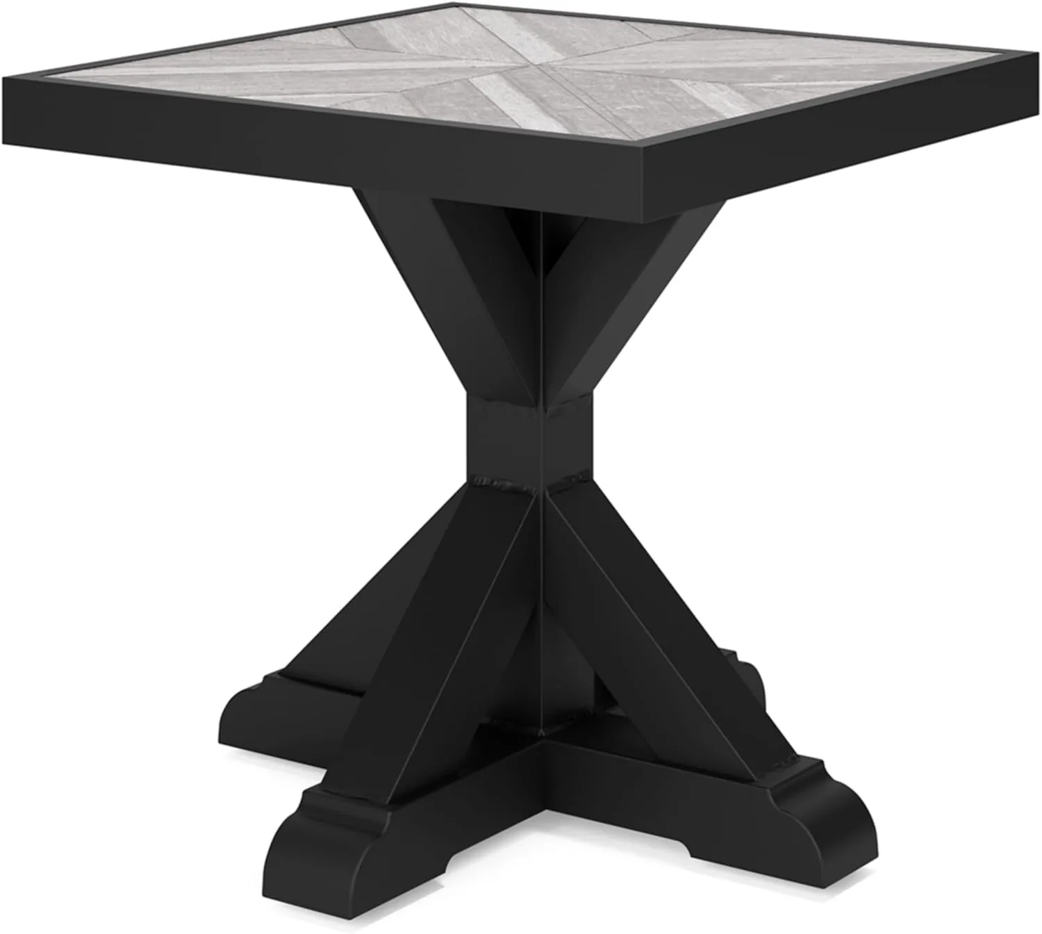 Signature Design by Ashley Beachcroft Farmhouse Weather and Rust Resistant Outdoor End Table with Porcelain Tabletop, Black & Light Gray