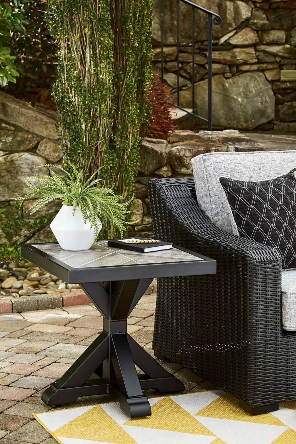 Signature Design by Ashley Beachcroft Farmhouse Weather and Rust Resistant Outdoor End Table with Porcelain Tabletop, Black & Light Gray