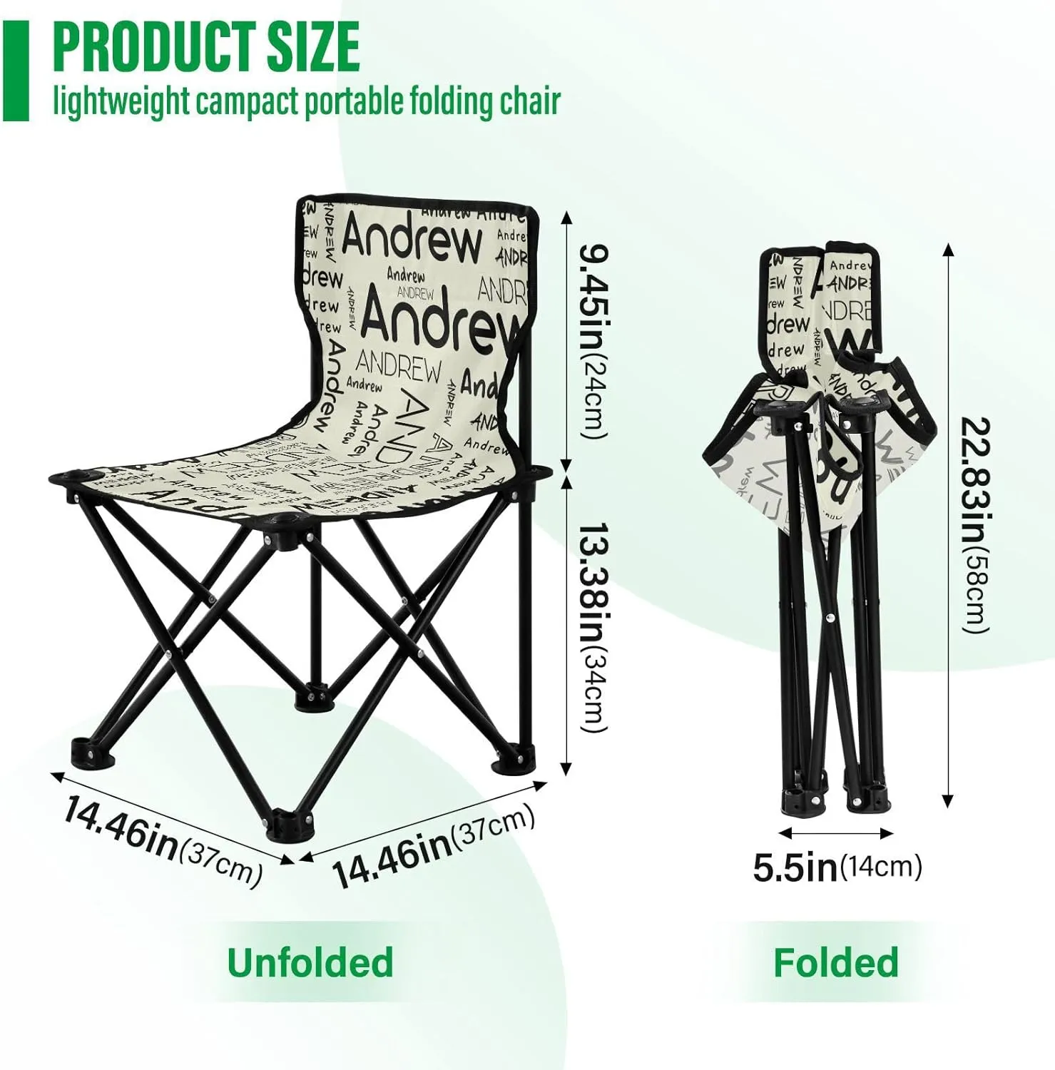 Sinestour Beige Custom Folding Camping Chair for Teen Child Personalized Name 14.6×14.6in Portable Outdoor Chair with Carry Bag for Picnic Barbeques Beach