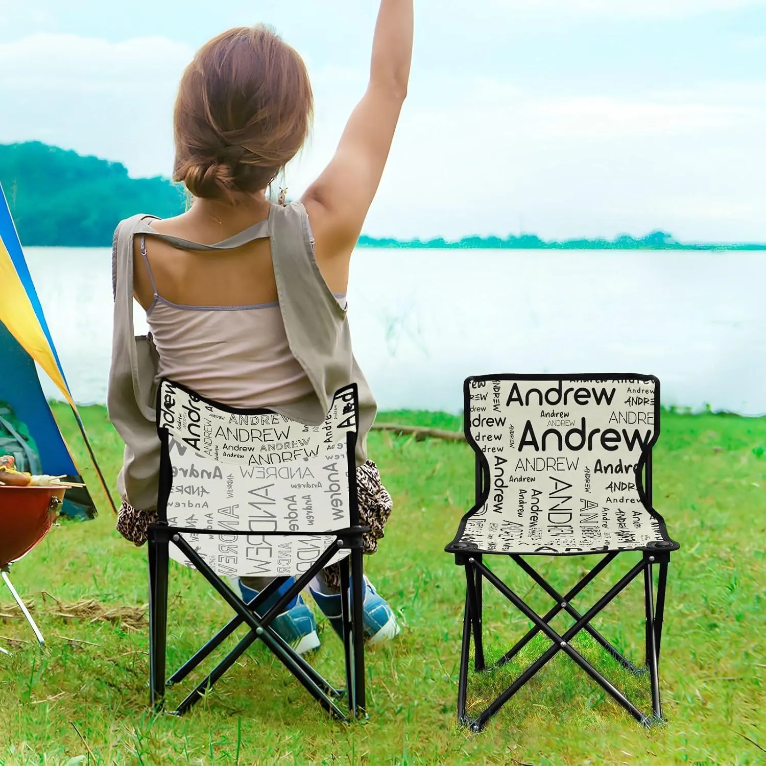 Sinestour Beige Custom Folding Camping Chair for Teen Child Personalized Name 14.6×14.6in Portable Outdoor Chair with Carry Bag for Picnic Barbeques Beach