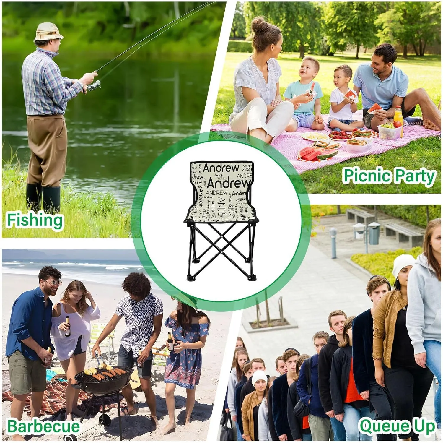 Sinestour Beige Custom Folding Camping Chair for Teen Child Personalized Name 14.6×14.6in Portable Outdoor Chair with Carry Bag for Picnic Barbeques Beach