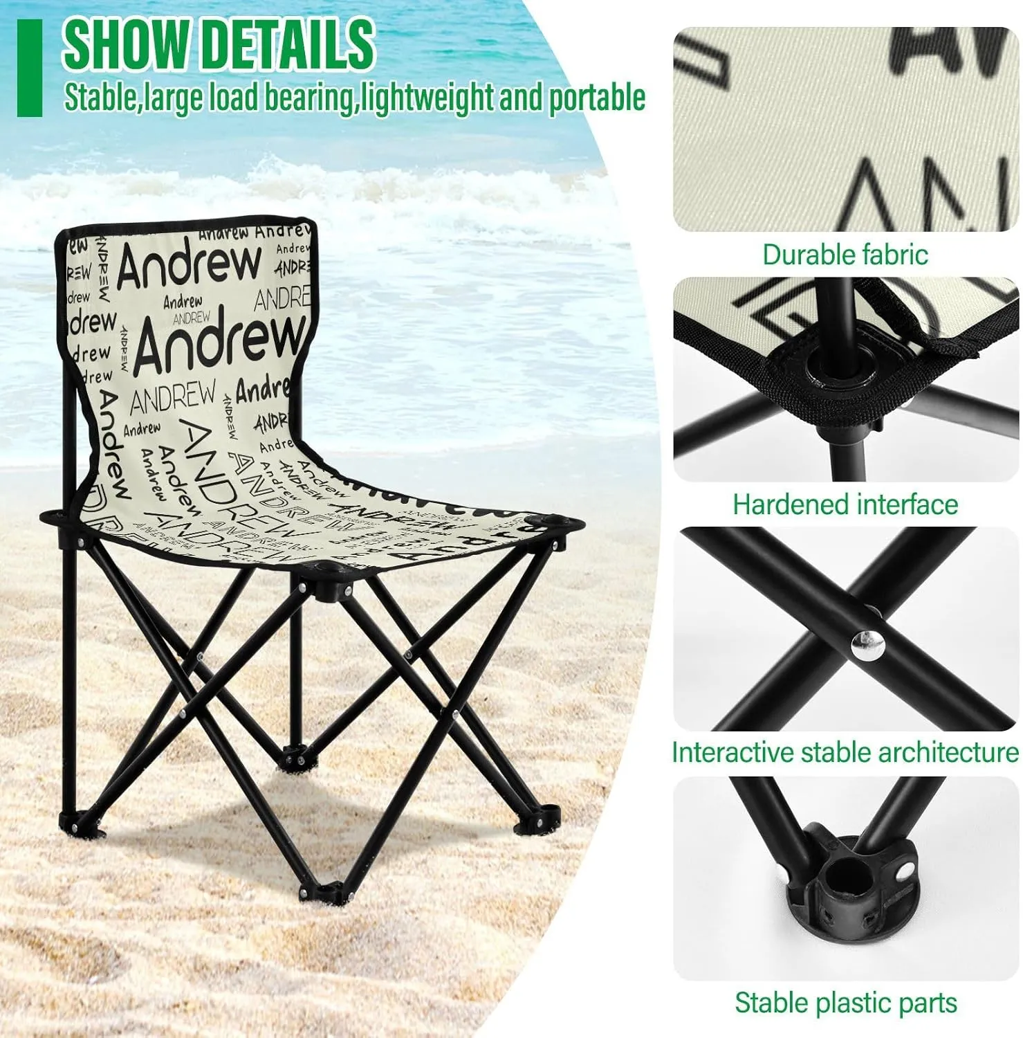 Sinestour Beige Custom Folding Camping Chair for Teen Child Personalized Name 14.6×14.6in Portable Outdoor Chair with Carry Bag for Picnic Barbeques Beach