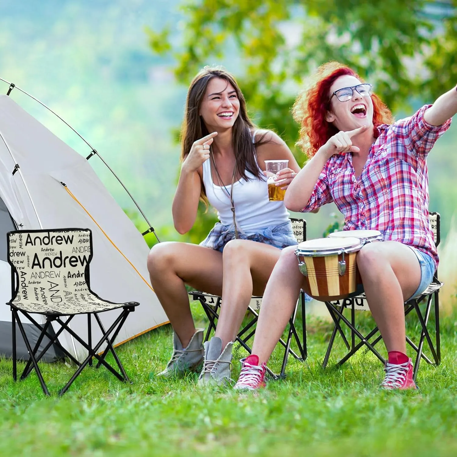 Sinestour Beige Custom Folding Camping Chair for Teen Child Personalized Name 14.6×14.6in Portable Outdoor Chair with Carry Bag for Picnic Barbeques Beach