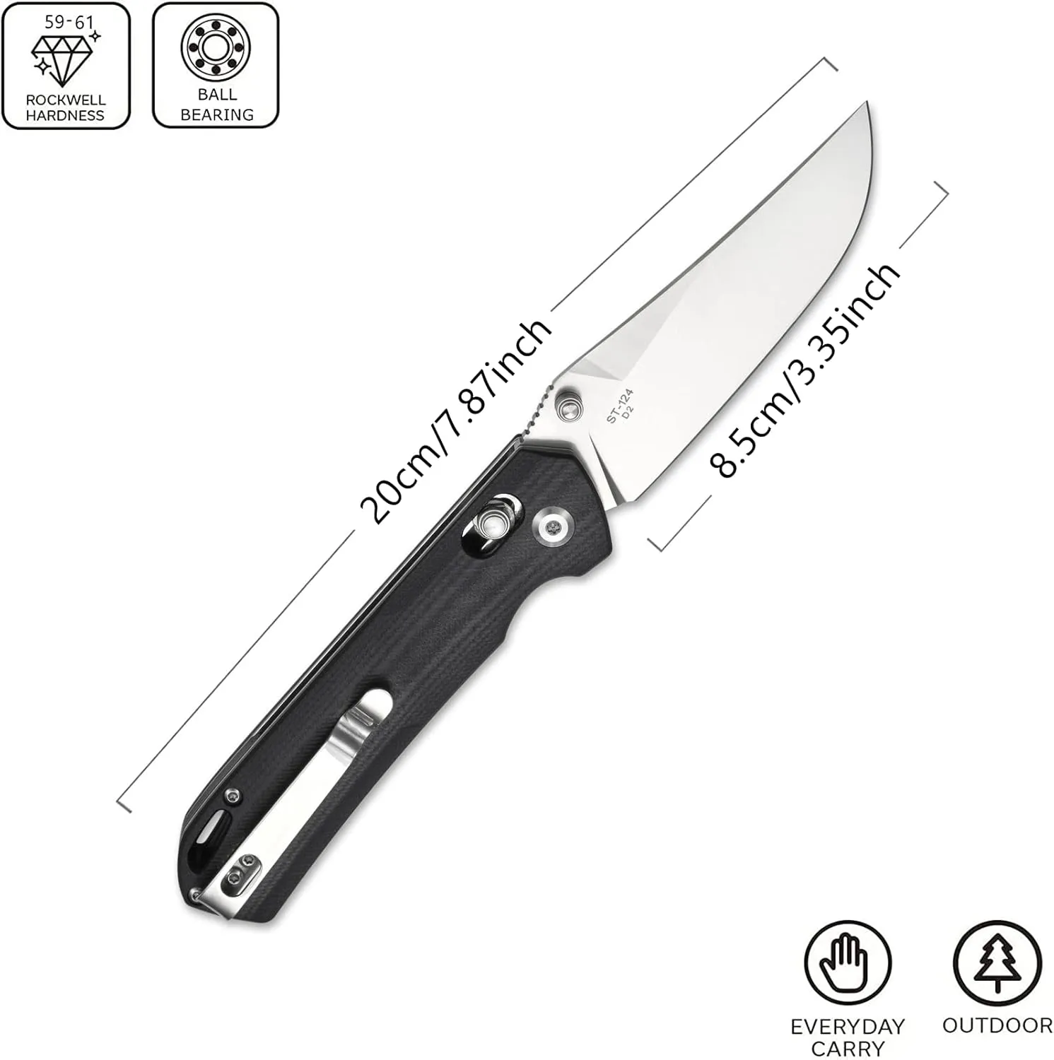 Sitivien ST124 Folding Knife, D2 Steel G10 Handle,Ball Bearing Pivot, Axis lock with Pocket Clip for Camping,Outdoor EDC Knife Tool-Black