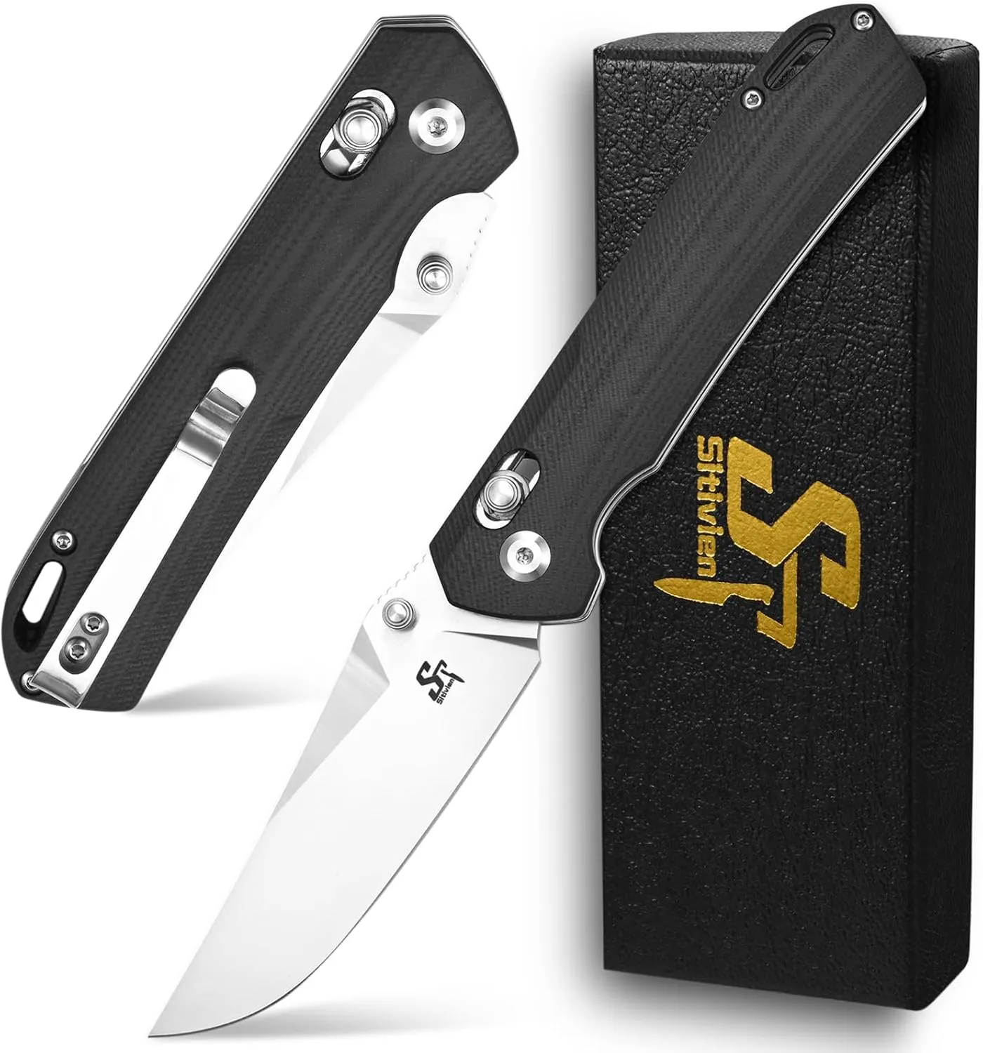 Sitivien ST124 Folding Knife, D2 Steel G10 Handle,Ball Bearing Pivot, Axis lock with Pocket Clip for Camping,Outdoor EDC Knife Tool-Black